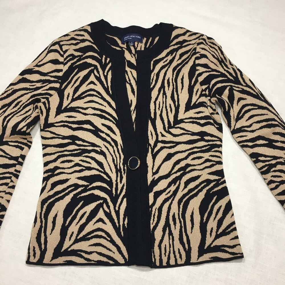 Jones New York Signature  Metallic Gold Black Zebra Print Cardigan